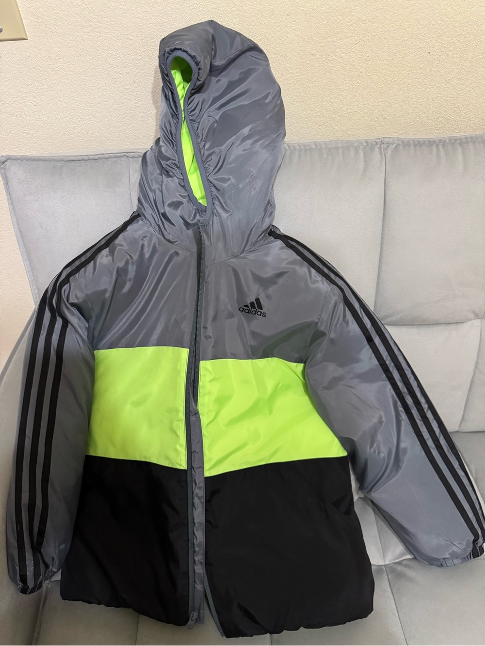 Adidas Grey, Neon Green & Black Puffer Jacket